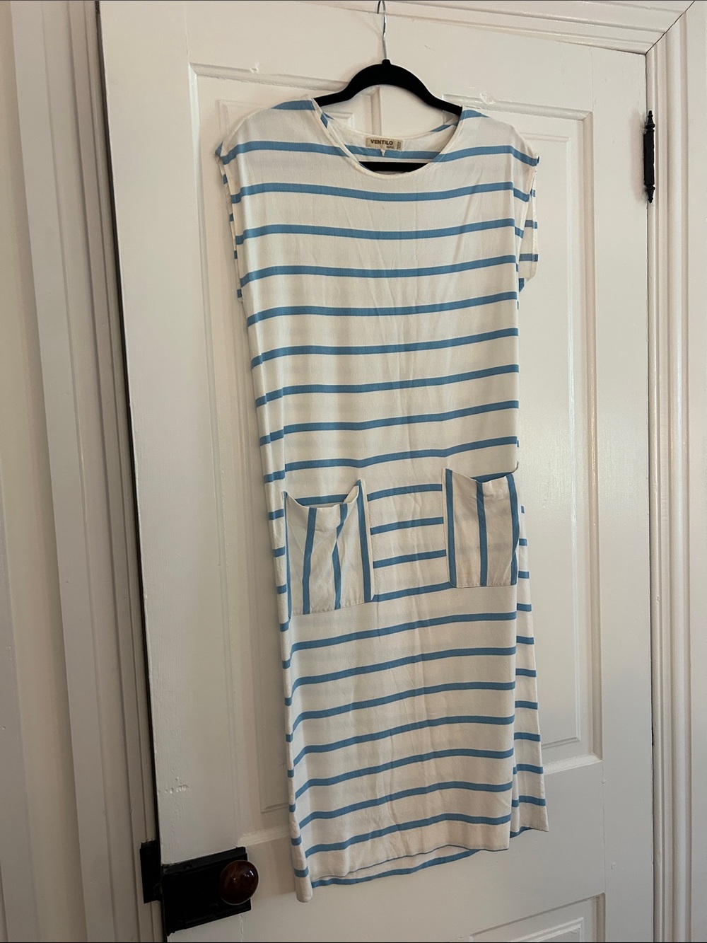 Vintage French Blue Stripe Pocket Shift Dress - size 2